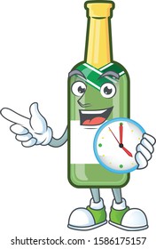 With clock smiling champagne green bottle cartoon mascot style