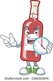 With clock smiling champagne red bottle cartoon mascot style