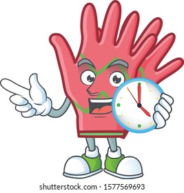 With clock smiling christmas gloves cartoon mascot style