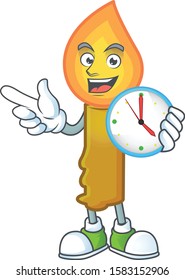 With clock smiling gold candle cartoon mascot style