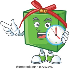 With clock smiling green gift box cartoon mascot style
