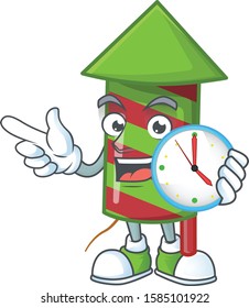 With clock smiling green stripes fireworks rocket cartoon mascot style