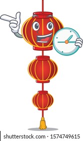 With clock smiling lampion chinese lantern cartoon character style