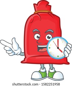 With clock smiling santa bag close cartoon mascot style