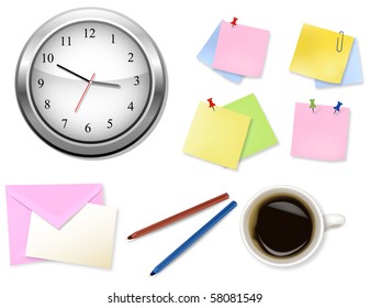 A clock and some office supplies. Vector.