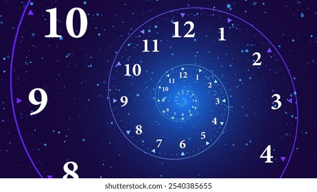 Spiralrad für Uhren. Uhr im Weltraum. Metapher für das Konzept des Universums der Zeitreisen Die Zeit ist fliegend schnelles Zukunftskonzept. Vektorgrafik.