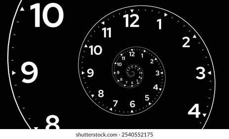 Clock Spiral Dial. Clock in Space. Time Travel Infinity Universe Concept Metaphor. Time is Flying Fast Future Concept. Vector Illustration.