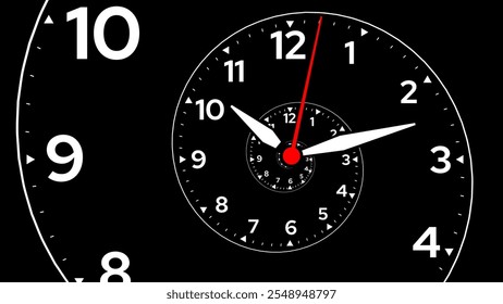 Clock Spiral Dial. Clock in Space. Time Travel Infinity Universe Concept Metaphor. Infinite Time is Flying Fast Future Concept. Timeless. Vector Illustration.