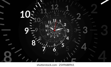 Clock Spiral Dial. Clock in Space. Time Travel Infinity Universe Concept Metaphor. Infinite Time is Flying Fast Future Concept. Timeless. Vector Illustration.