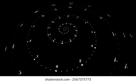 Clock Spiral Dial. Clock in Space. Time Travel Infinity Universe Concept Metaphor. Infinite Time is Flying Fast Future Concept. Timeless. Vector Illustration.