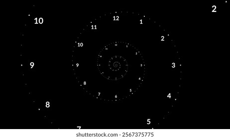 Clock Spiral Dial. Clock in Space. Time Travel Infinity Universe Concept Metaphor. Infinite Time is Flying Fast Future Concept. Timeless. Vector Illustration.