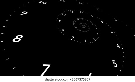 Clock Spiral Dial. Clock in Space. Time Travel Infinity Universe Concept Metaphor. Infinite Time is Flying Fast Future Concept. Timeless. Vector Illustration.