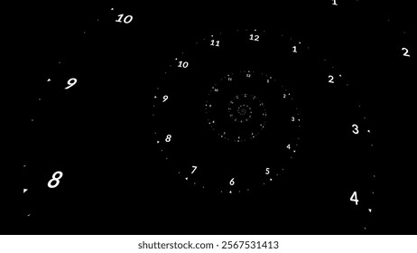 Clock Spiral Dial. Clock in Space. Time Travel Infinity Universe Concept Metaphor. Infinite Time is Flying Fast Future Concept. Timeless. Vector Illustration.