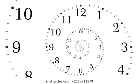 Clock Spiral Dial. Clock in Space. Time Travel Infinity Universe Concept Metaphor. Infinite Time is Flying Fast Future Concept. Timeless. Vector Illustration.