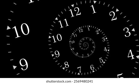 Clock Spiral Dial. Clock in Space. Time Travel Infinity Universe Concept Metaphor. Infinite Time is Flying Fast Future Concept. Timeless. Vector Illustration.