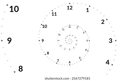 Clock Spiral Dial. Timeless Clock in Space. Time Travel Infinity Universe Concept Metaphor. Time is Flying Fast Future Concept. Vector Illustration.