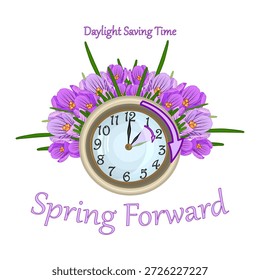 Reloj y flores de primavera crocus alrededor aislado sobre fondo blanco. Póster "Spring Forward" sobre recordatorio para cambiar los relojes. Se inicia el horario de verano avanzado. Concepto de horario de verano. Concepto de primavera. Vuelve al verano. Ilustración vectorial de stock