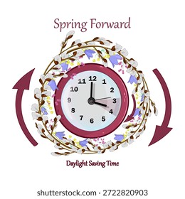 Reloj y corona de flores de primavera alrededor aislado sobre fondo blanco. Póster "Spring Forward" sobre recordatorio para cambiar los relojes. Se inicia el horario de verano avanzado. Concepto de horario de verano. Concepto de primavera. La mano se convierte en verano. Ilustración vectorial de stock