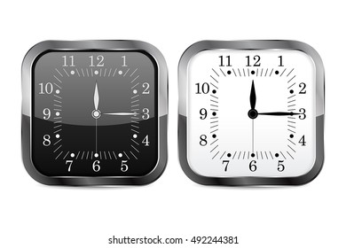 Clock. Square Shape Clock Face With Chrome Frame. Vector Illustration Isolated On White Background