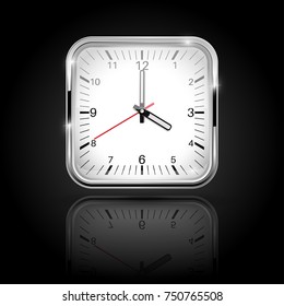Clock. Square shaped clock with metal frame. Vector 3d illustration on black background