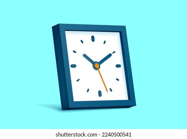 Clock squre icon in flat style, blue 3d timer on turquoise background. Business watch. Volume vector design element for you project