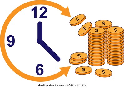 a clock and stacked coins, symbolizing the concept of "time is money." Ideal for finance, productivity, time management, and business efficiency themes