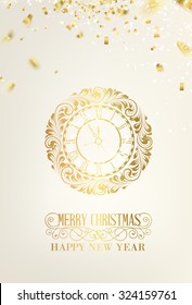 Clock stamp over holiday background. Golden confetti falls background. Happy new year card over background with golden sparks. Vector illustration.