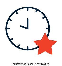 reloj con icono de estrella sobre fondo blanco, estilo de media línea, ilustración vectorial