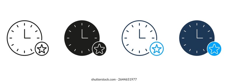 Clock With Star Line And Solid Icon Set. Time Management, Priority Setting, And Scheduling Symbol Collection. Efficiency And Productivity Enhancement. Isolated Vector Illustration.