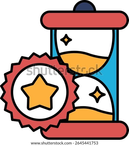A clock with a star on it and a timer. The clock is red and yellow