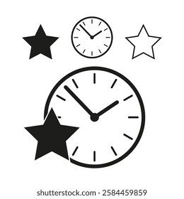 Clock and stars. Circular time shapes. Bold analog watches. Vector illustration.