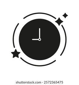 Clock With Stars Silhouette Icon. Time And Night Sky Elements Glyph Sign. Nighttime Clock With Cosmic Symbols. Isolated Vector Illustration.