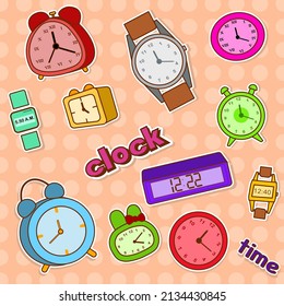 Clock sticker set.  Alarm clocks, wristwatches, table clocks, and digital clocks.  Doodle vector illustration