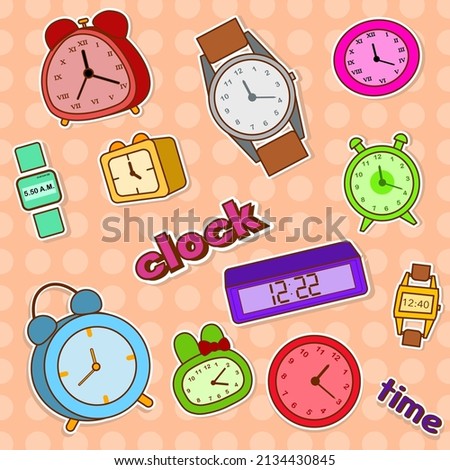 Clock sticker set.  Alarm clocks, wristwatches, table clocks, and digital clocks.  Doodle vector illustration
