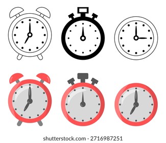 Clock, stopwatch, and alarm clock icon set isolated on white background, clean modern minimal design ideal for apps, websites, UI, presentations, and time management concepts.