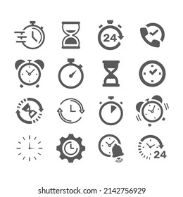 Clock, stopwatch black vector icon set. Chronometer, fast watch and 24 hours filled icons.