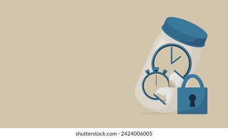 Clock, stopwatch, and hourglass are kept in jar. There is a padlock nearby.
