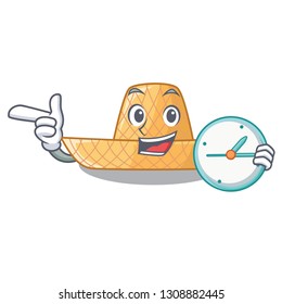 With clock straw hat in the shape mascot