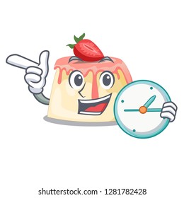 With clock Strawberry pudding on wooden cartoon table