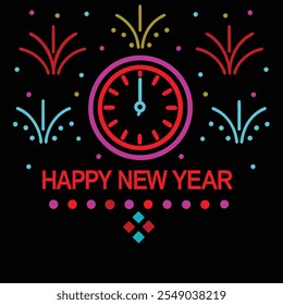 A clock striking midnight with colorful fireworks bursting in the background, accompanied by the text "HAPPY NEW YEAR". Perfect for celebrating the festive season and welcoming the new year.