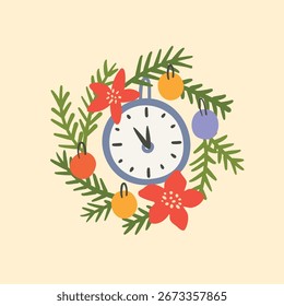 Clock surrounded by a Christmas wreath, нand drawn in a flat style.