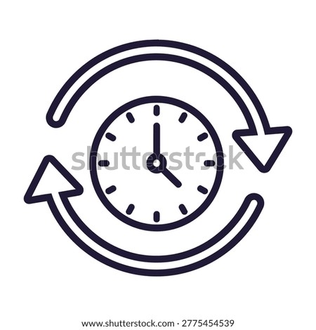 A clock surrounded by circular arrows indicating a cycle of time, symbolizing rotation and repetition.