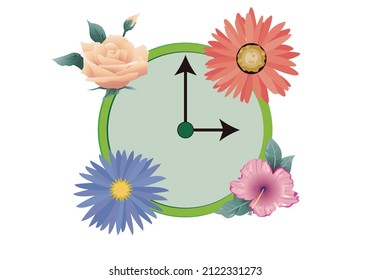 Clock surrounded by flowers for the time change in spring.