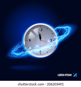 Clock surrounded by a stream of blue energy in the space