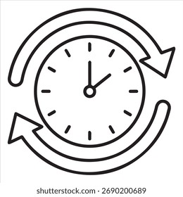 Relógio com setas circulares circundantes. Representa gerenciamento de tempo, produtividade, prazos, cronogramas, eficiência e tempo de retorno.