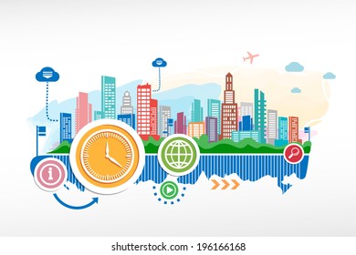 Clock symbol and cityscape background with different icon and elements. Design for the print, advertising.