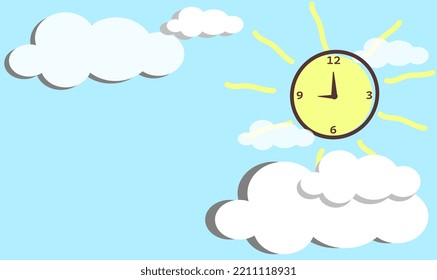 clock symbol on the background of the sun, clouds and clear sky. time at 9 am. available copy cpace. cute vector animation for kids