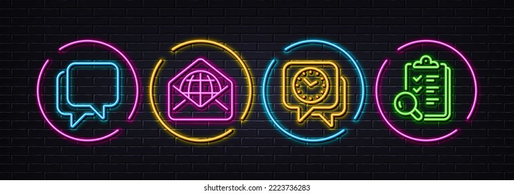 Clock, Talk bubble and Web mail minimal line icons. Neon laser 3d lights. Inspect icons. For web, application, printing. Time, Chat message, World communication. Research list. Vector