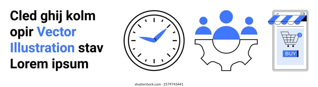 Clock and team gears next to an online shopping icon with lorem ipsum text. Ideal for business, productivity, teamwork, e-commerce, and digital marketing. Banner for landing page