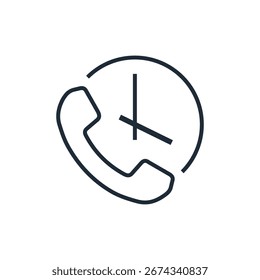 Clock and telephone receiver. Call and response timing. Vector linear icon illustration isolated on white background.